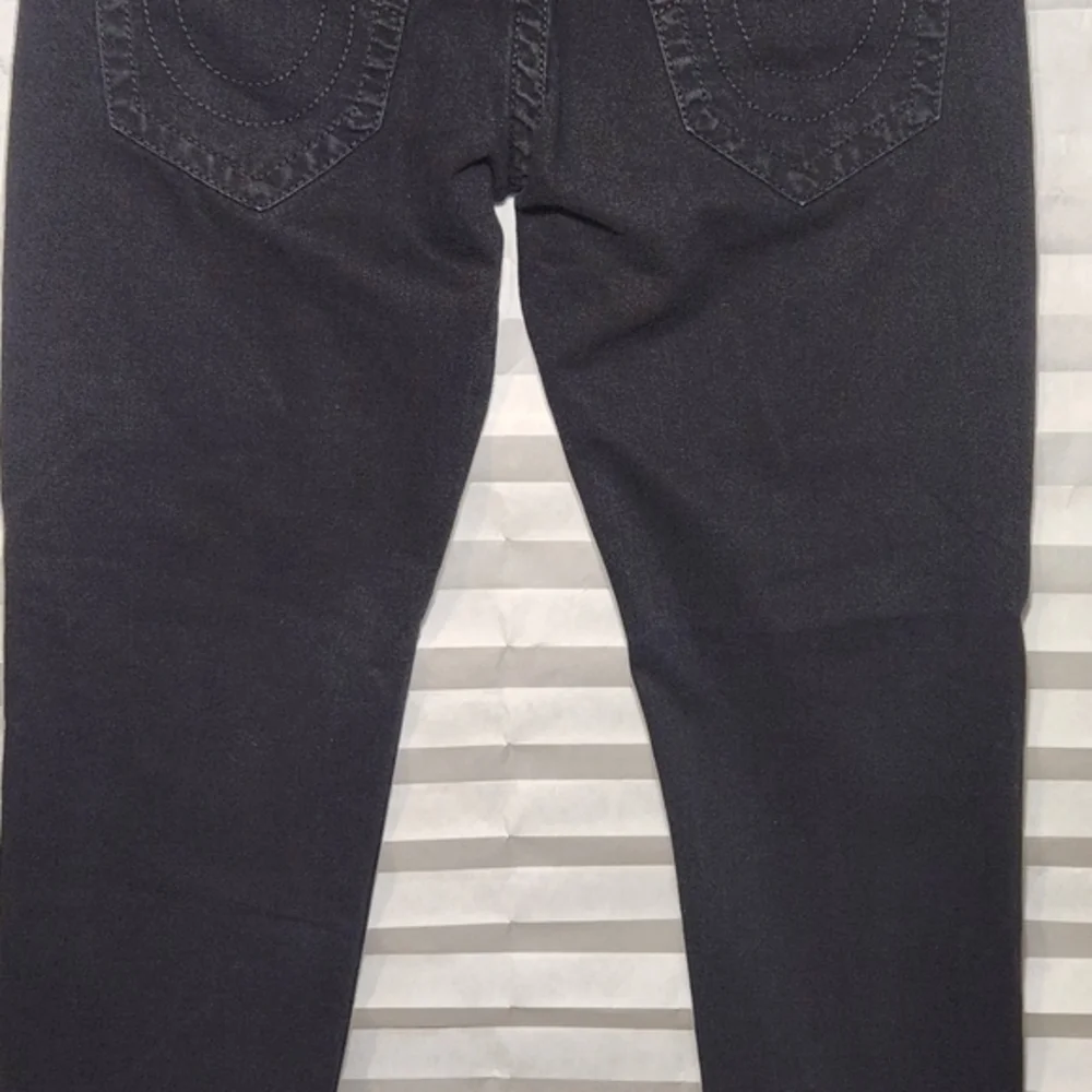 True Religion Ricky‎ Straight Denim Jeans Jet Black w/Flaps 32x35 Super T Stitch